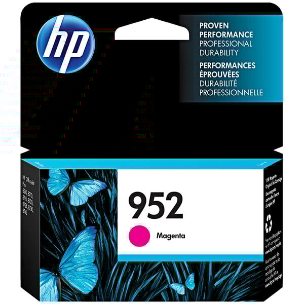 A black box with blue and white text and a blue butterfly on it for HP 952 Magenta ink cartridge.