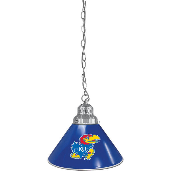 A blue pendant light with the University of Kansas Jayhawk logo on the shade.