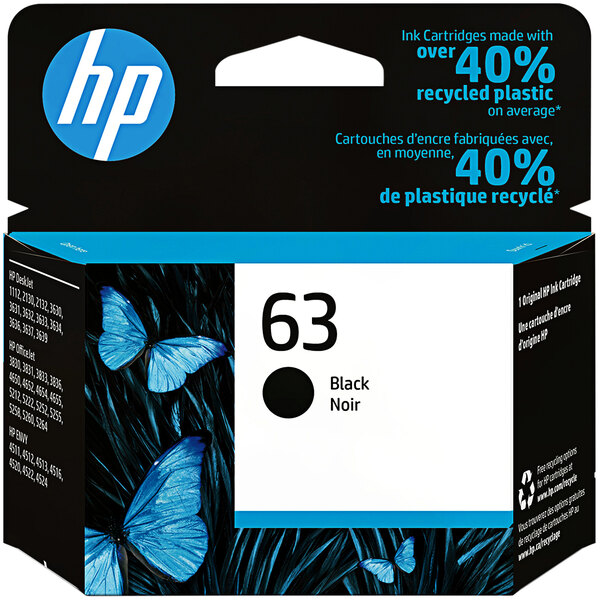 A black and blue HP printer toner box with white text and blue butterflies on it.