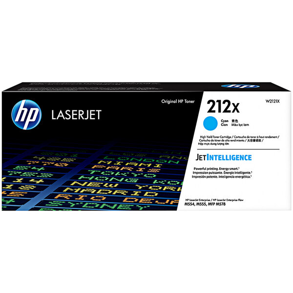 A black HP printer toner cartridge box with blue text on it.