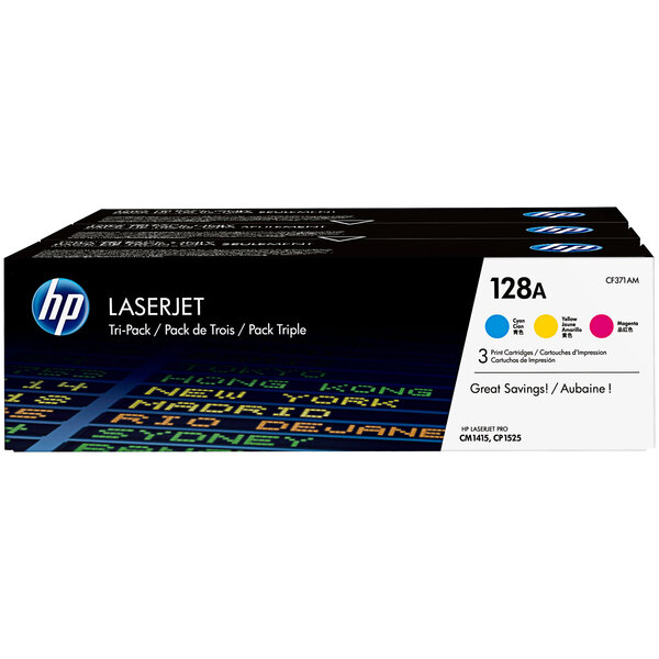 A black HP box with white text for Cyan, Magenta, and Yellow LaserJet toner cartridges.