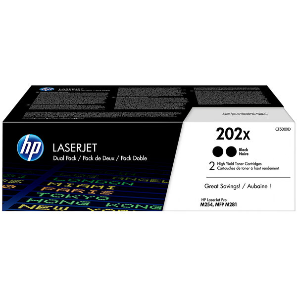 A black HP printer toner box with white text.