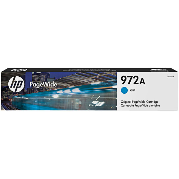 A box of HP Cyan Original PageWide Printer Ink Cartridges.