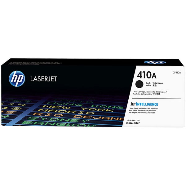 A black and white HP CF410A LaserJet toner cartridge box.
