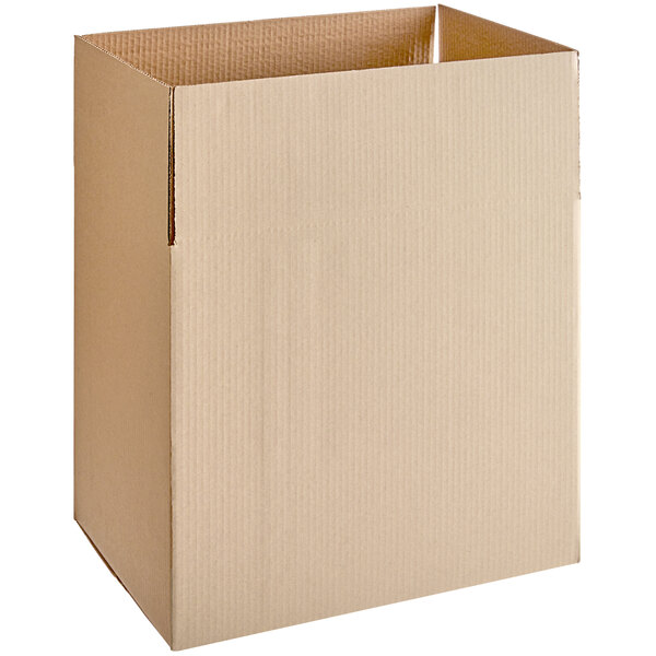 A brown cardboard box with a cut out top.