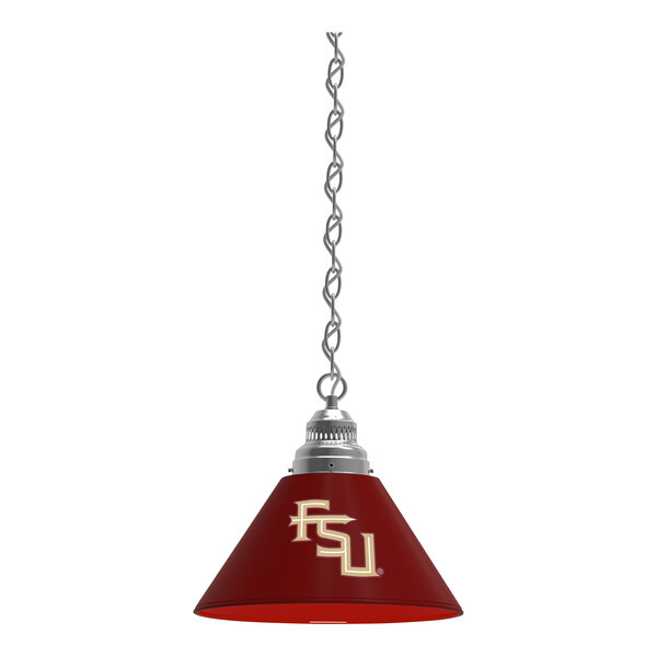 A red pendant light with the Florida State University Seminoles logo on it.