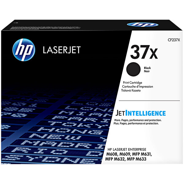 A black and white HP printer toner cartridge box with blue text for a HP CF237X black LaserJet toner cartridge.