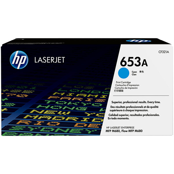 A black HP toner cartridge box with blue text and letters for a cyan LaserJet cartridge.