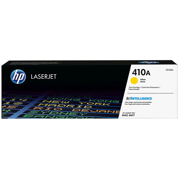 A yellow and black HP LaserJet printer toner cartridge.