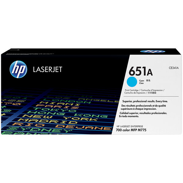A black and blue box for an HP CE341A Cyan Original LaserJet Printer Toner Cartridge with a blue and white label.