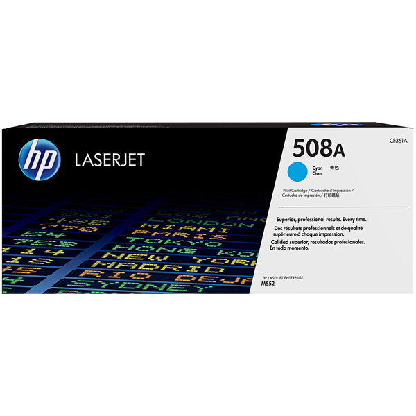 A black and white box with blue text that reads "HP 506A Cyan Original LaserJet Printer Toner Cartridge" on a white background.