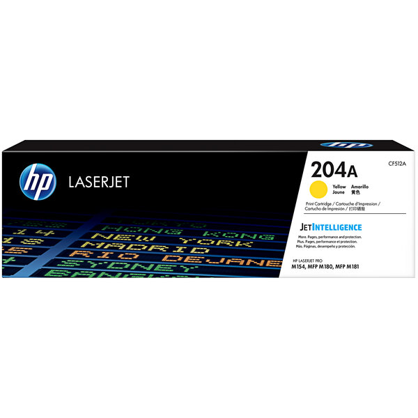 A yellow HP CF512A LaserJet toner cartridge.