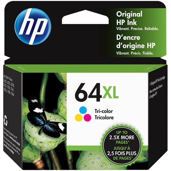 A box of HP N9J91AN#140 cyan, magenta, and yellow printer toner cartridges.