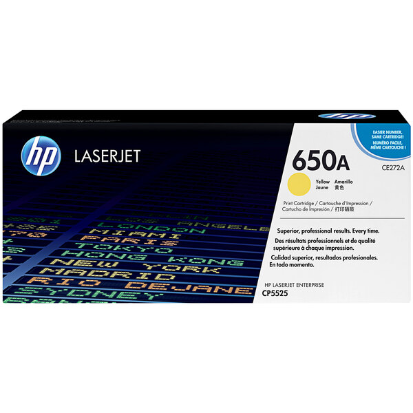 A black and yellow HP LaserJet toner cartridge box with text.