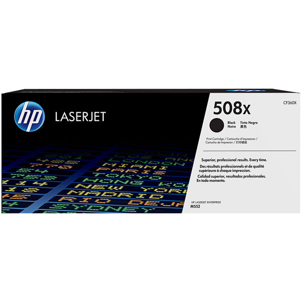 A black and white box for an HP CF360X LaserJet toner cartridge with text and numbers on it.