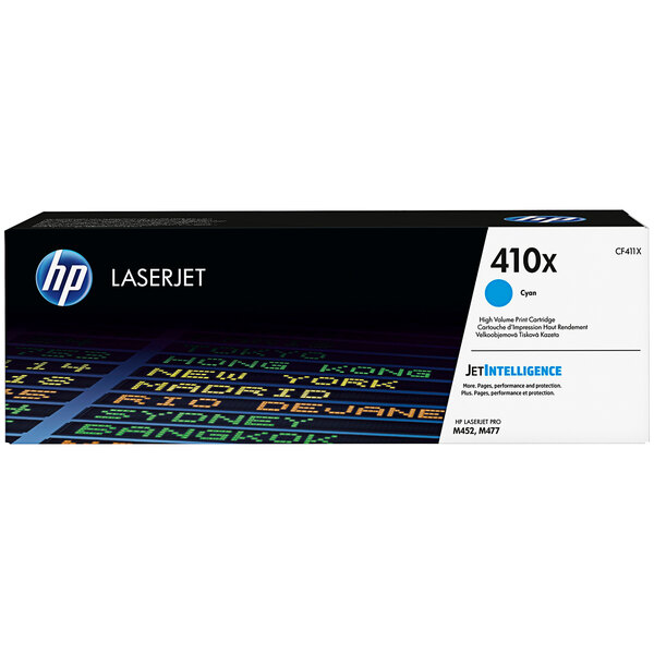 A HP CF411X Cyan LaserJet printer toner cartridge in black and blue packaging.