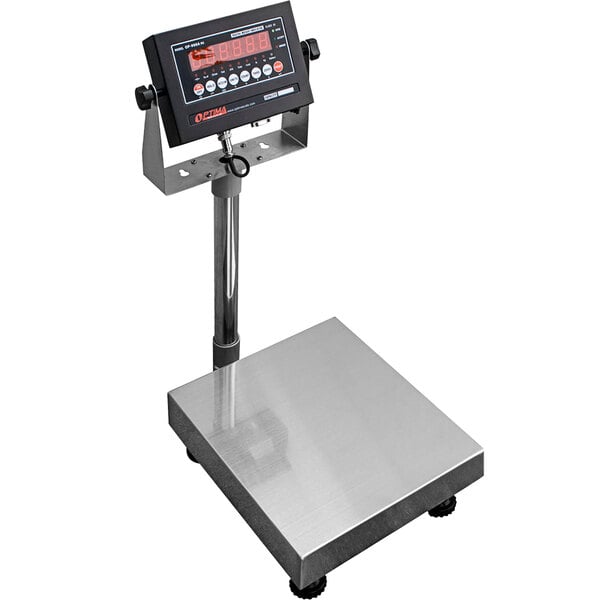 An Optima Weighing Systems bench scale with a stainless steel platform and red digital numbers.