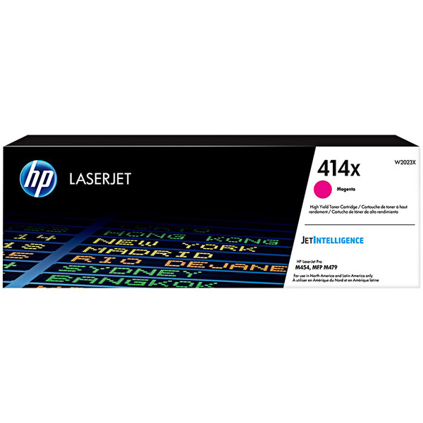 A black and pink label with "HP W2023X Magenta" on a white background.