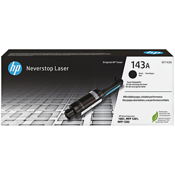 A black and blue HP Neverstop toner cartridge box with a black handle.