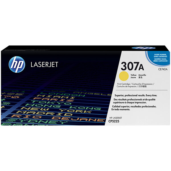 A black and white rectangular box with "HP CE742A Yellow" in white text.
