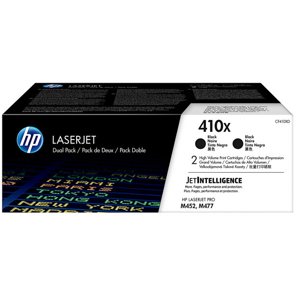 A black and white HP CF410X LaserJet toner cartridge box with text and numbers.