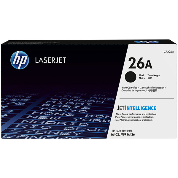 A black and white HP CF226A LaserJet toner cartridge box with white text and numbers.