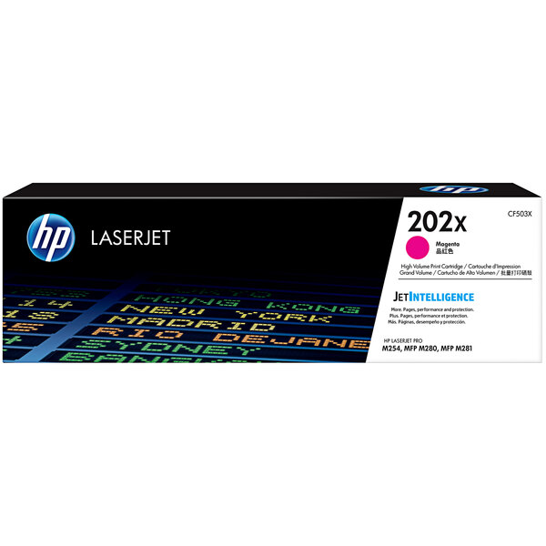 A black and white box with a pink label for an HP CF503X Magenta LaserJet toner cartridge.