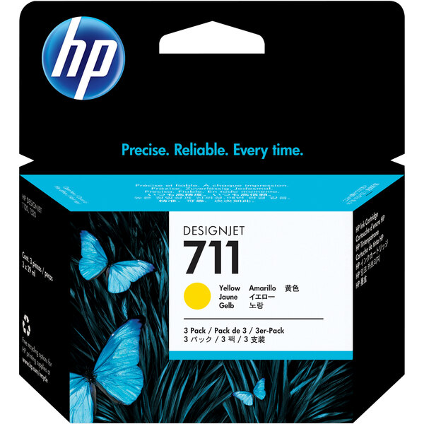 A yellow and black box with blue text reading "HP CZ136A Yellow Original DesignJet Printer Ink Cartridge" and blue butterflies.
