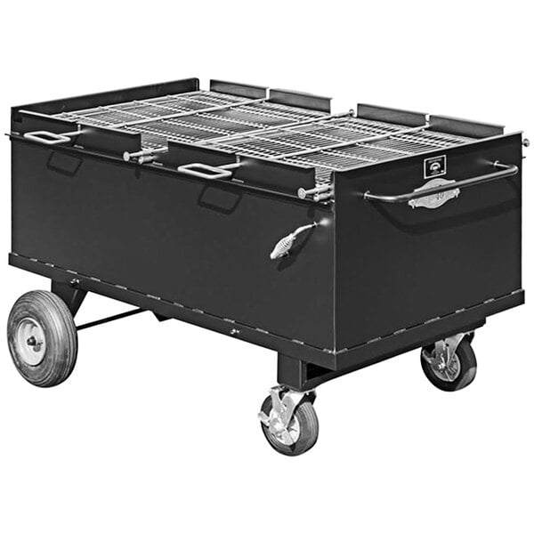 A large black rectangular Meadow Creek BBQ64P Chicken Cooker on wheels.