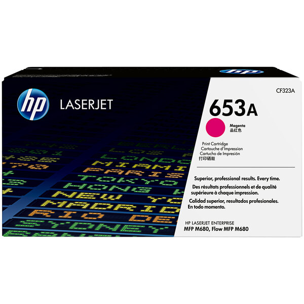 A black and white HP LaserJet toner cartridge box with pink and blue text.