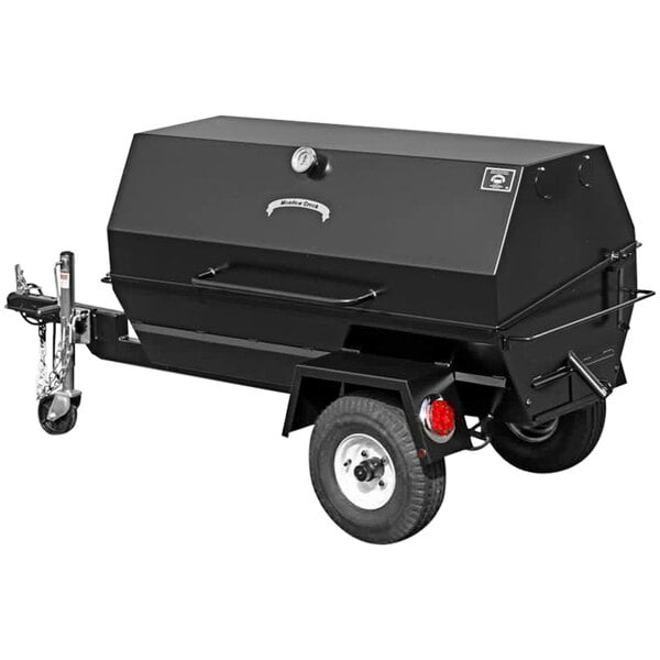 A black barbecue trailer with wheels.