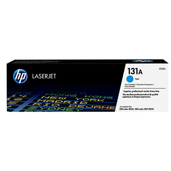 A black and white box with blue and black text that says "HP CF211A Cyan"
