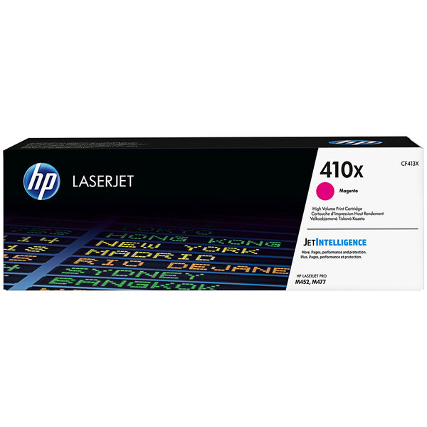 A white box with a pink and blue design for an HP CF413X Magenta toner cartridge.