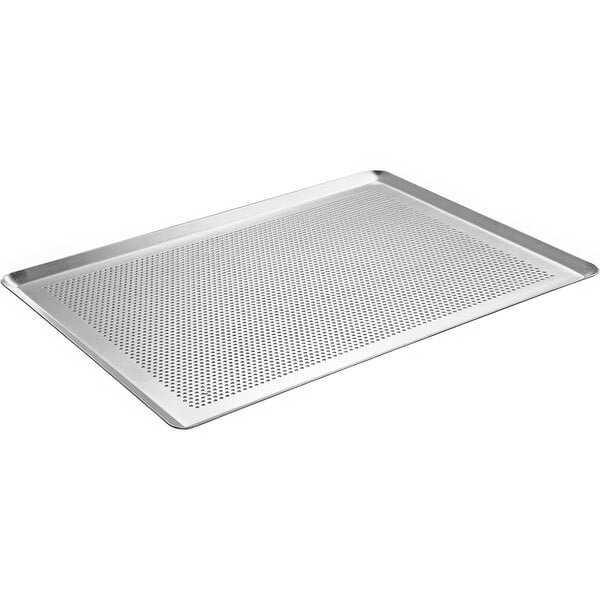 A de Buyer aluminum baking sheet with holes.