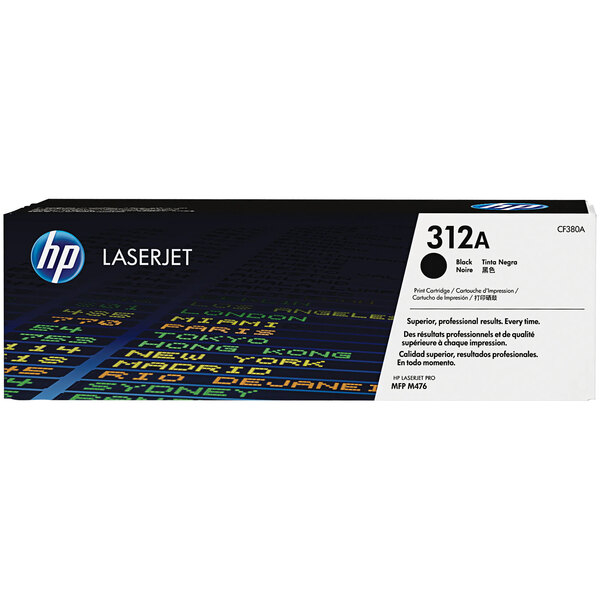 A black and white box for an HP CF380A Black LaserJet toner cartridge with text and numbers on it.