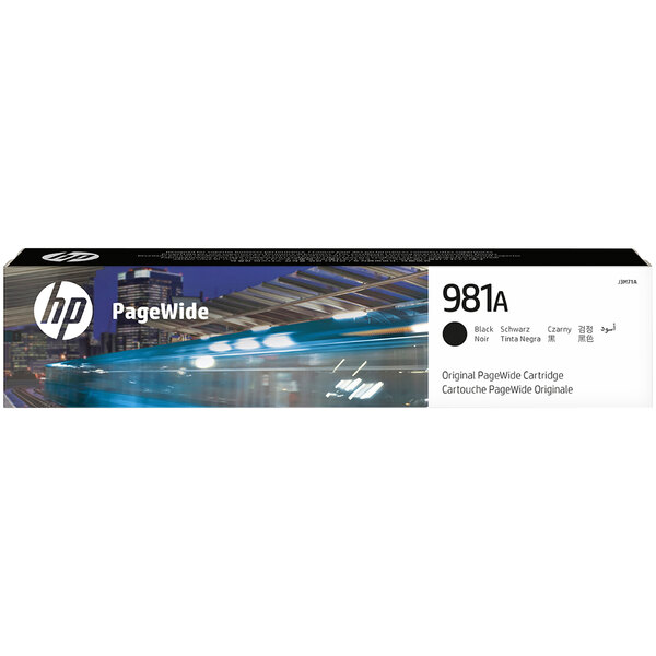 A black HP ink cartridge box with white and blurry cityscape image.