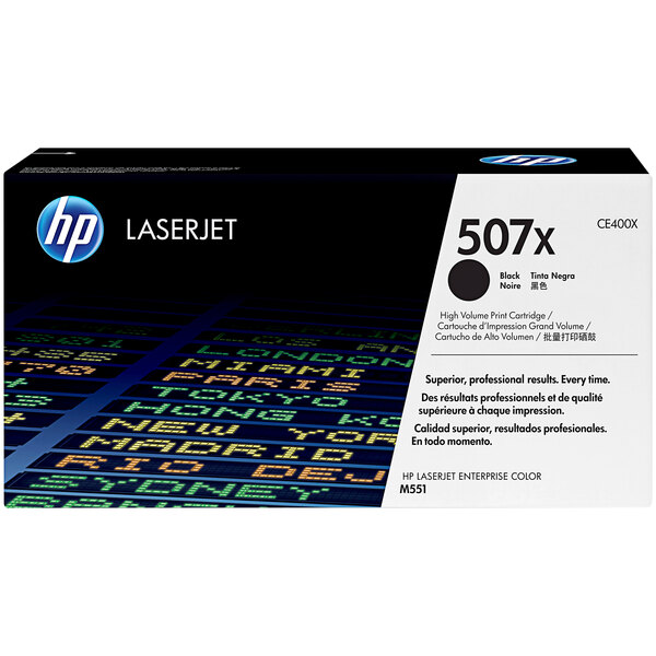 A black HP CE400X toner cartridge box with white text and letters.