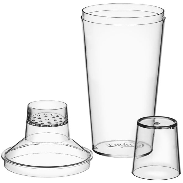 A clear polycarbonate plastic cobbler cocktail shaker with a lid.