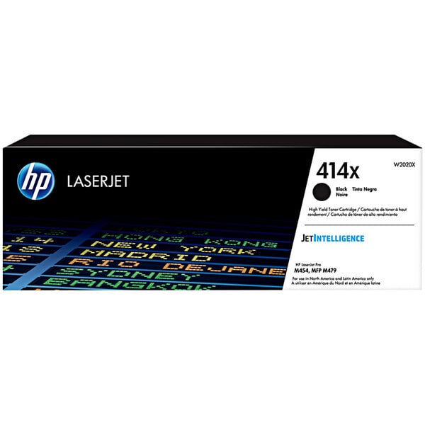 A black and white box for an HP W2020X LaserJet toner cartridge with blue and white text.