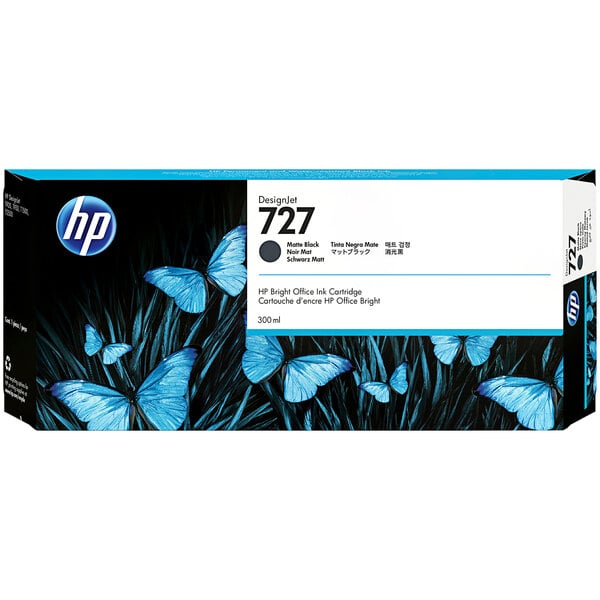 A box of HP DesignJet 727 Matte Black ink cartridges.
