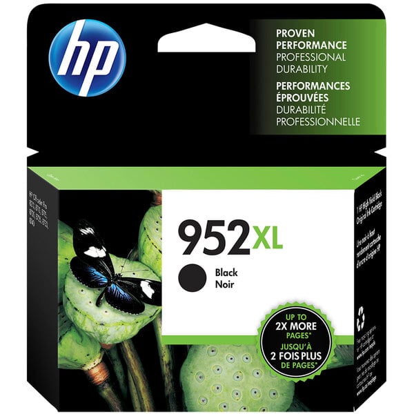 A black and green box for an HP F6U19AN#140 black ink cartridge with a butterfly on it.