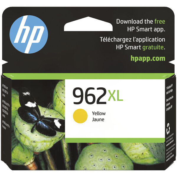 A box of HP 962XL yellow printer ink cartridges.