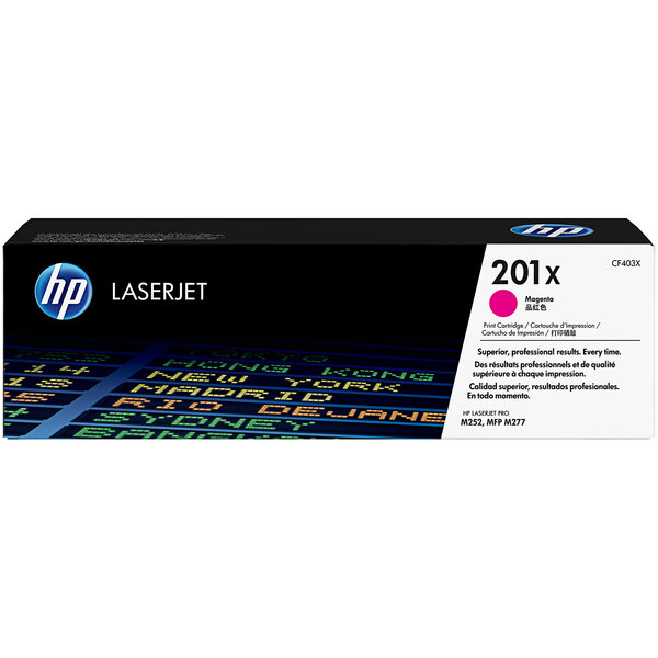 A black and white HP printer toner box with a pink and blue design.