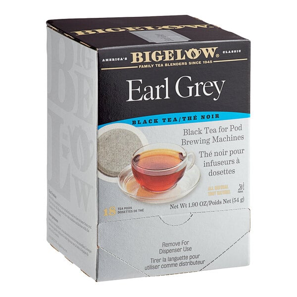 A box of Bigelow Earl Grey black tea pods for brewing machines, featuring an image of a tea pod and a cup of tea on the front.