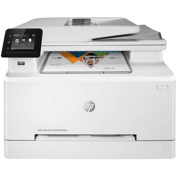 An HP Color LaserJet Pro MFP on a white background with a touchscreen.