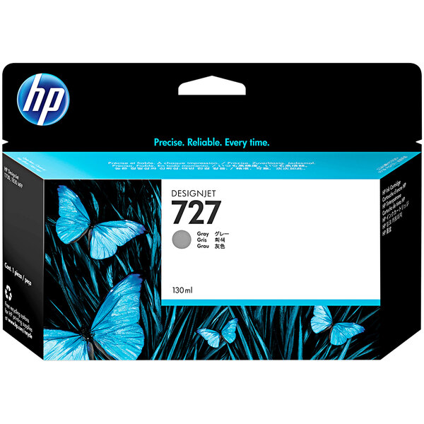 A black and blue box with white text and the HP logo and a gray butterfly on it.