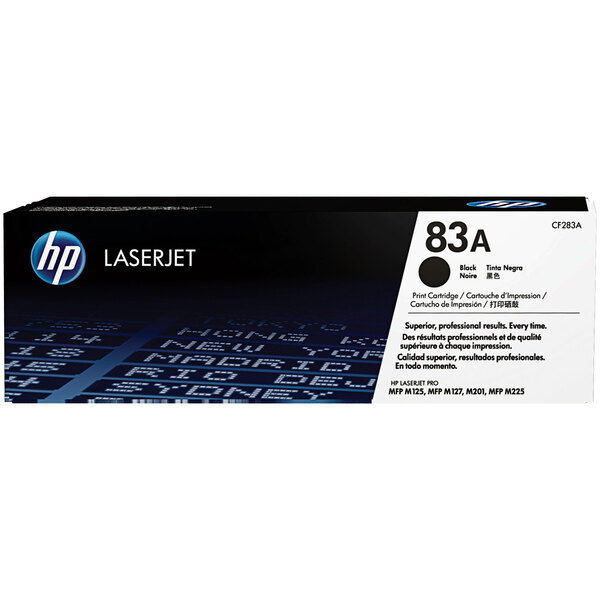 A black HP CF283A LaserJet toner cartridge box with white text.