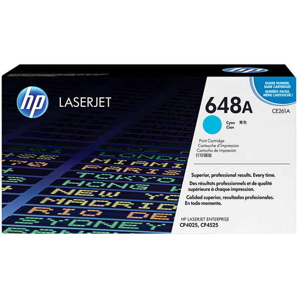 A white and black box with blue text and the words "HP CE261A Cyan" on a white label.