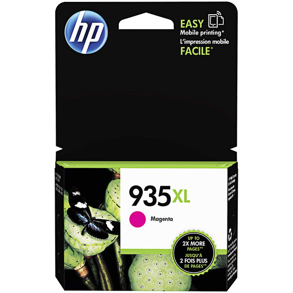A black box with a white and green label for a HP 935XL Magenta ink cartridge.