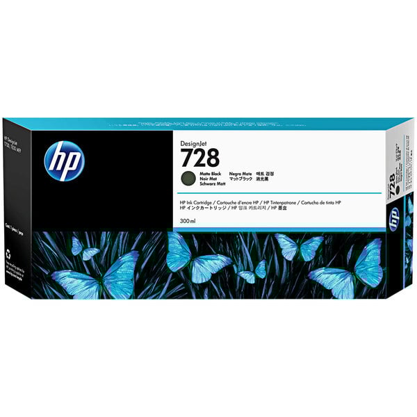A box of HP Matte Black DesignJet ink cartridges with a black and blue label.